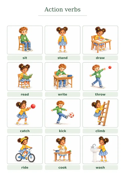 Плакат «Action verbs», зелёный плакат: 12 глаголов действия с картинками
