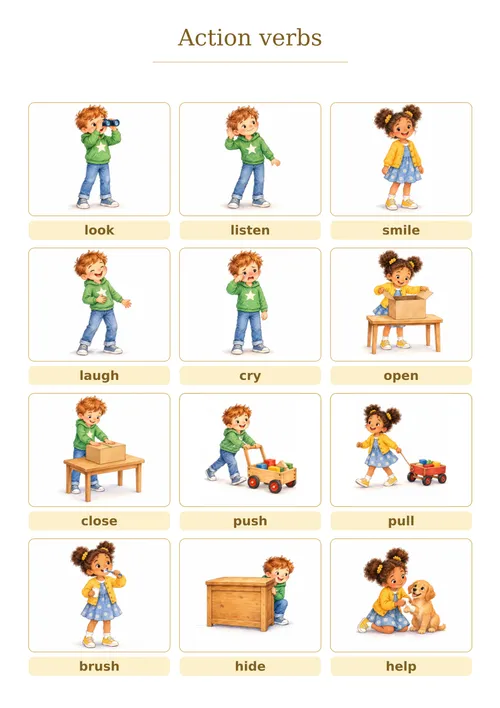 Плакат «Action verbs», жёлтый плакат: 12 глаголов действия с картинками