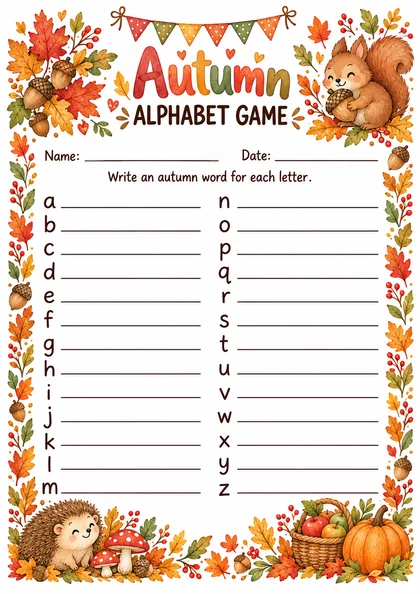 Бланк Autumn Alphabet Game: буквы от a до z и строчки для слов, акварельная рамка из осенних листьев с белкой, ёжиком, грибами и тыквой