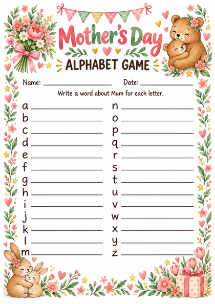 Бланк Mother’s Day Alphabet Game: буквы от a до z и строчки для слов, акварельная рамка с мишками, зайчиками, букетом и подарком