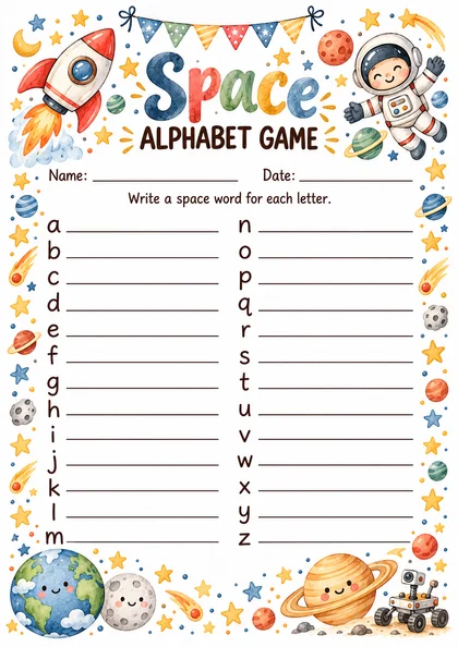 Бланк Space Alphabet Game: буквы от a до z и строчки для слов, акварельная рамка с ракетой, космонавтом, Землёй, Сатурном и марсоходом