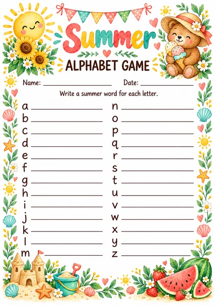 Бланк Summer Alphabet Game: буквы от a до z и строчки для слов, акварельная рамка с солнцем, подсолнухами, мишкой с мороженым, песочным замком и арбузом