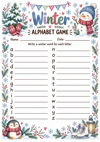 Бланк Winter Alphabet Game: буквы от a до z и строчки для слов, акварельная рамка со снеговиком, пингвином, варежками, коньками и фонарём