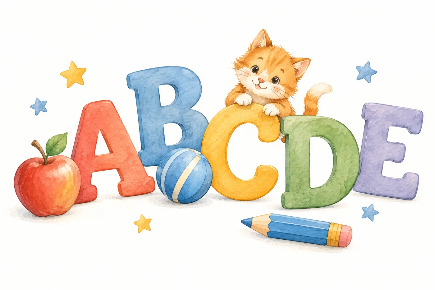 Английский алфавит: буквы A, B, C, D, E, яблоко, мяч, котёнок и карандаш