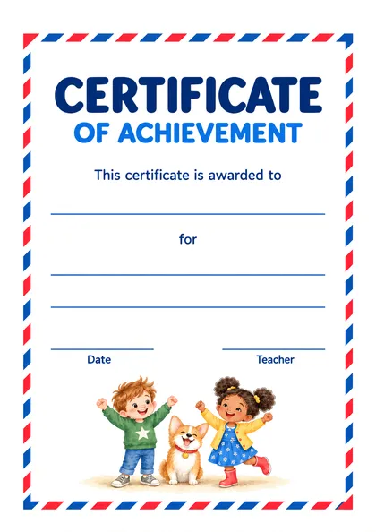 Грамота Certificate of Achievement: This certificate is awarded to … for …, строки для даты и подписи педагога, внизу Ollie, Mia и щенок Biscuit радуются
