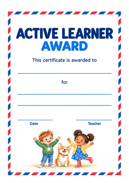 Грамота Active Learner Award - самому активному ученику: строки для имени, повода, даты и подписи педагога