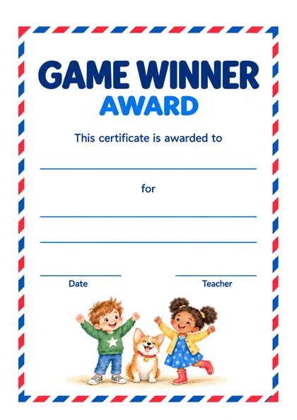 Грамота Game Winner Award - победителю игры: строки для имени, повода, даты и подписи педагога