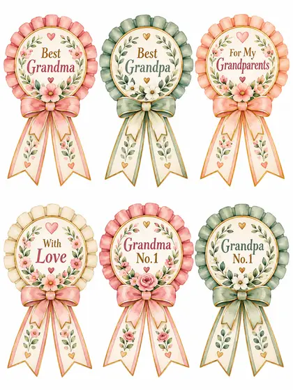 Медали-розетки: Best Grandma, Best Grandpa, For My Grandparents, With Love, Grandma No.1, Grandpa No.1