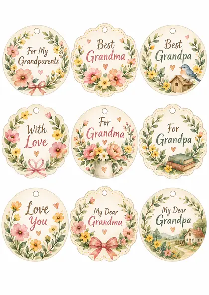 Лист бирок: For My Grandparents, Best Grandma, Best Grandpa, With Love, For Grandma, For Grandpa, Love You, My Dear Grandma, My Dear Grandpa