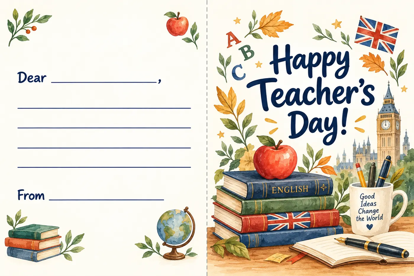 Открытка Happy Teacher’s Day для учителя английского: слева разворот со строчками Dear и From, справа обложка с Биг-Беном, британским флагом и книгой English