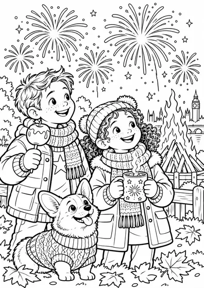 Раскраска Bonfire Night: дети с яблоком в карамели, горячим шоколадом и корги