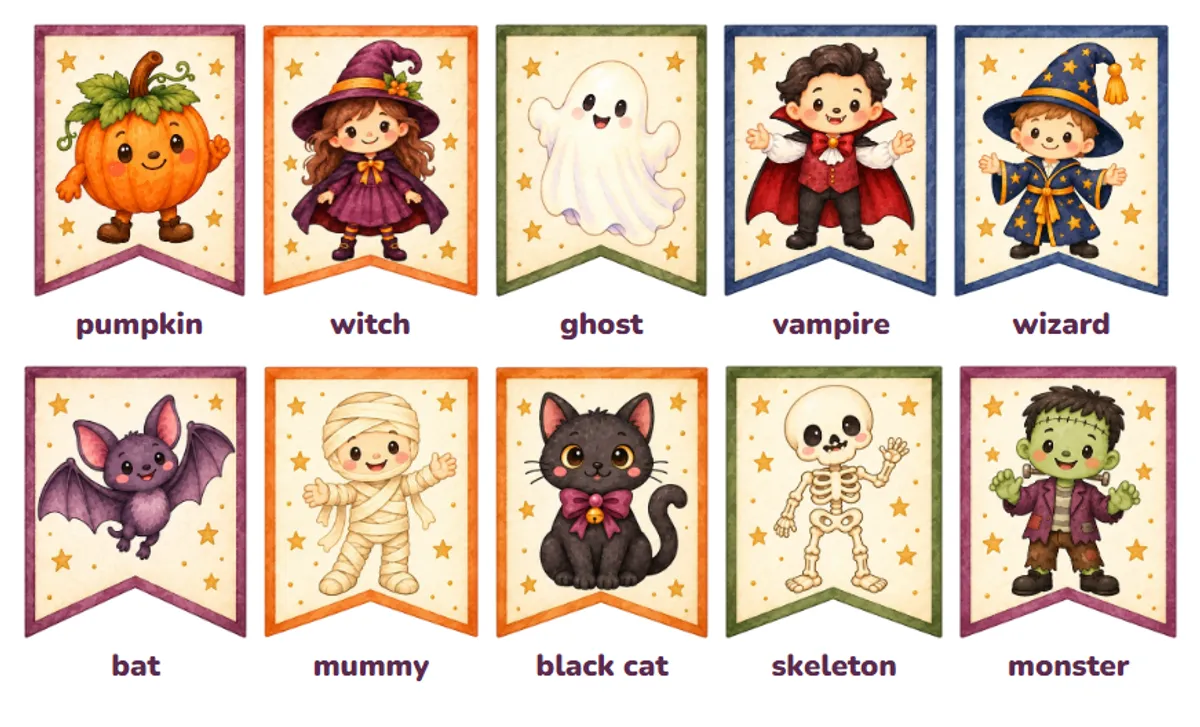 Флажки с героями Хэллоуина и подписями: pumpkin, witch, ghost, vampire, wizard, bat, mummy, black cat, skeleton, monster