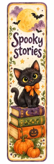 Закладка на Хэллоуин: Spooky stories - котик на стопке книг