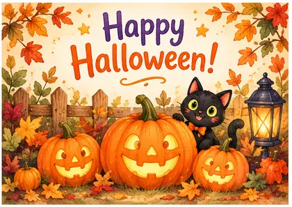 Открытка Happy Halloween: тыквы и чёрный котик