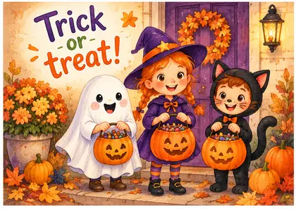 Открытка Trick or treat: дети в костюмах у двери