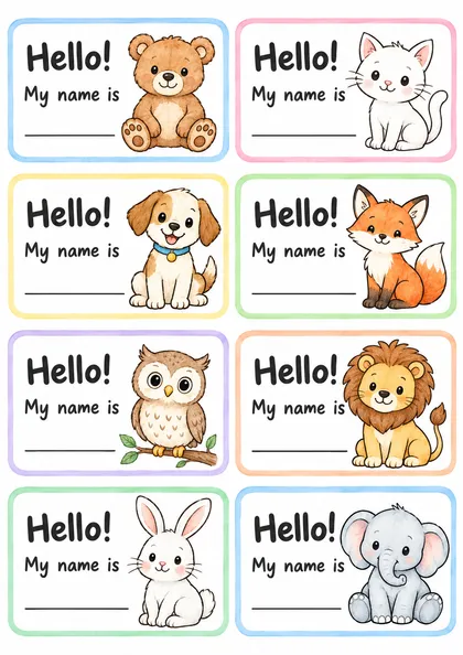 8 бейджиков «Hello! My name is …» со строчкой для имени: медвежонок, котёнок, щенок, лисёнок, совёнок, львёнок, зайчик и слонёнок