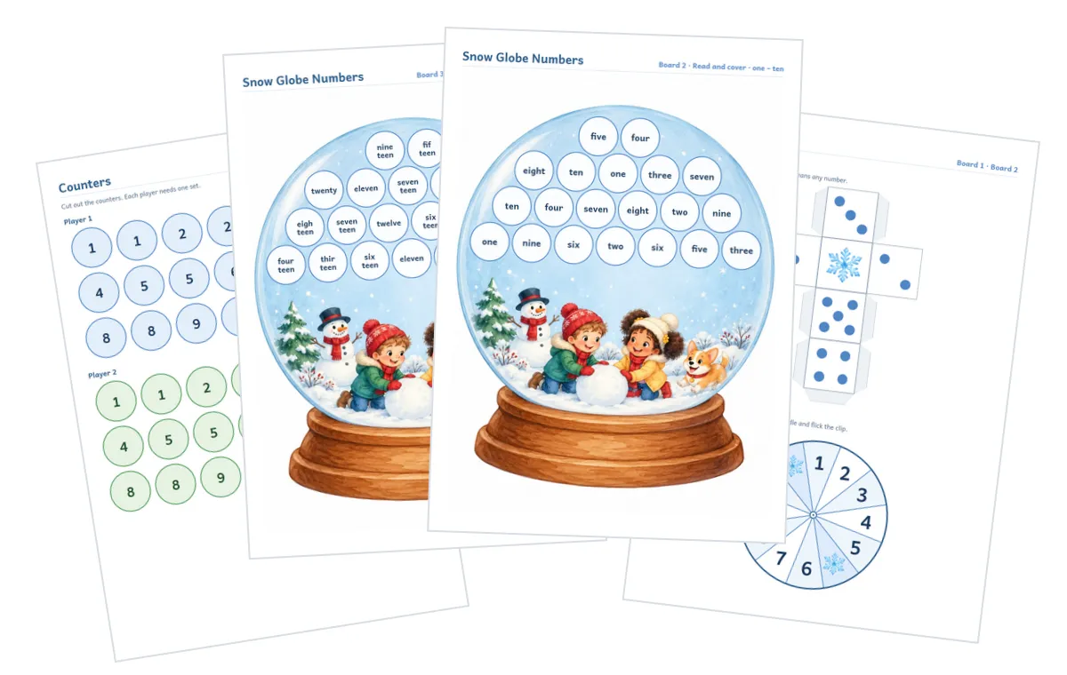Листы игры Snow Globe Numbers: поля-снежные шары со словами, фишки с цифрами, кубик и волчок