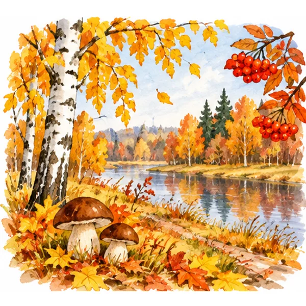 autumn: golden trees and mushrooms