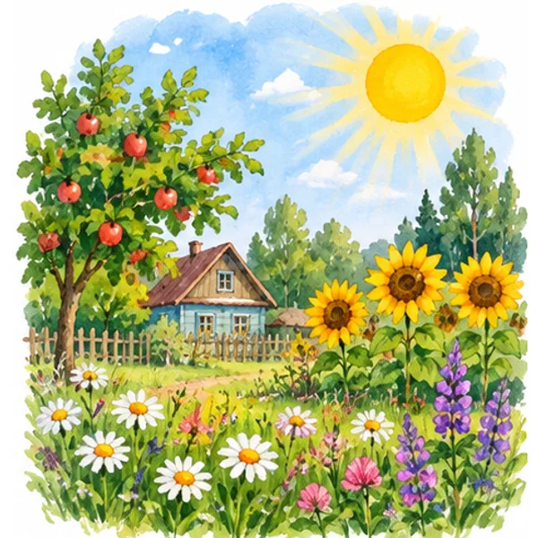 summer: sunflowers and an apple tree